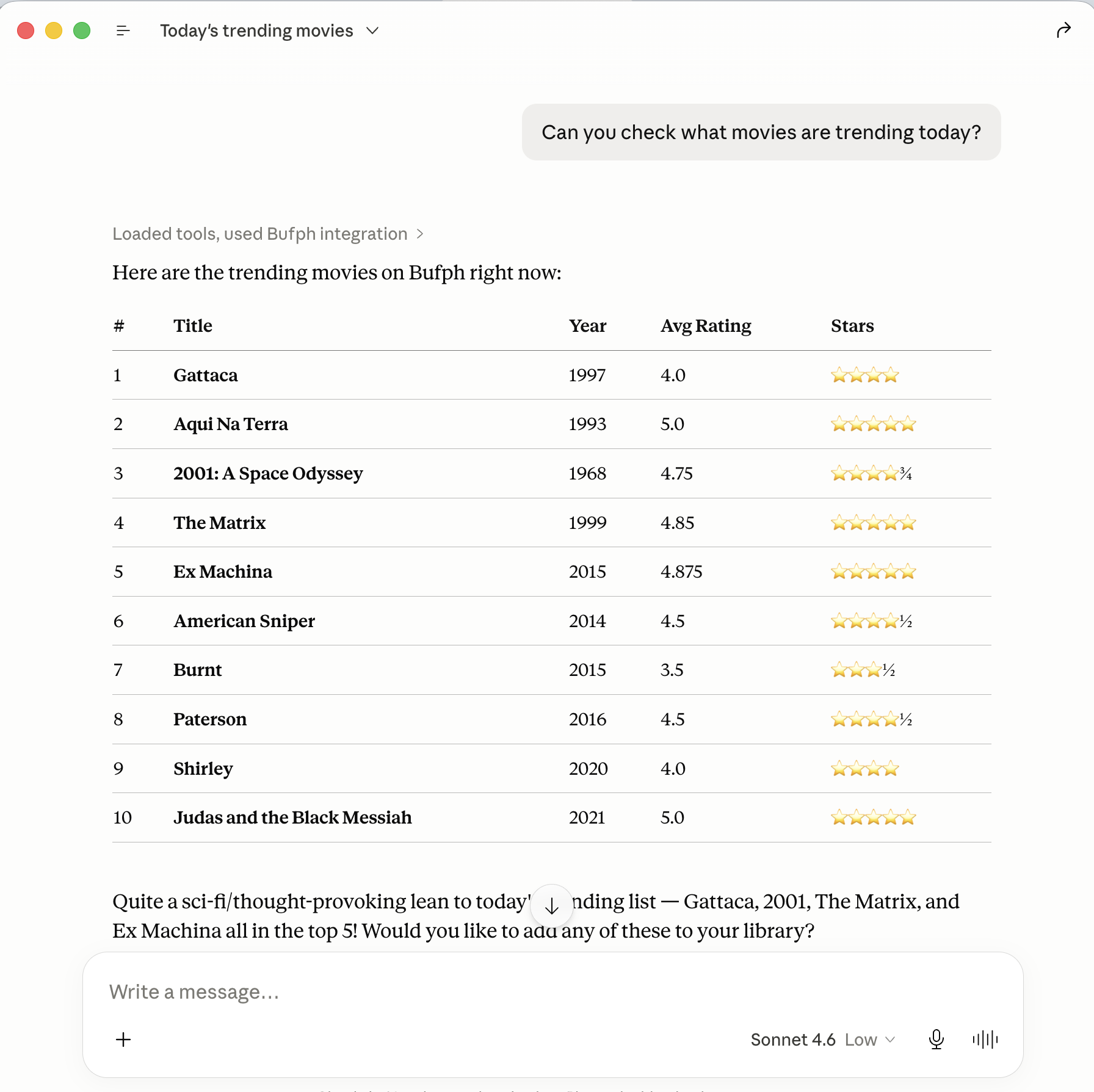 Bufph - Claude connector: Ask what movies are trending today.