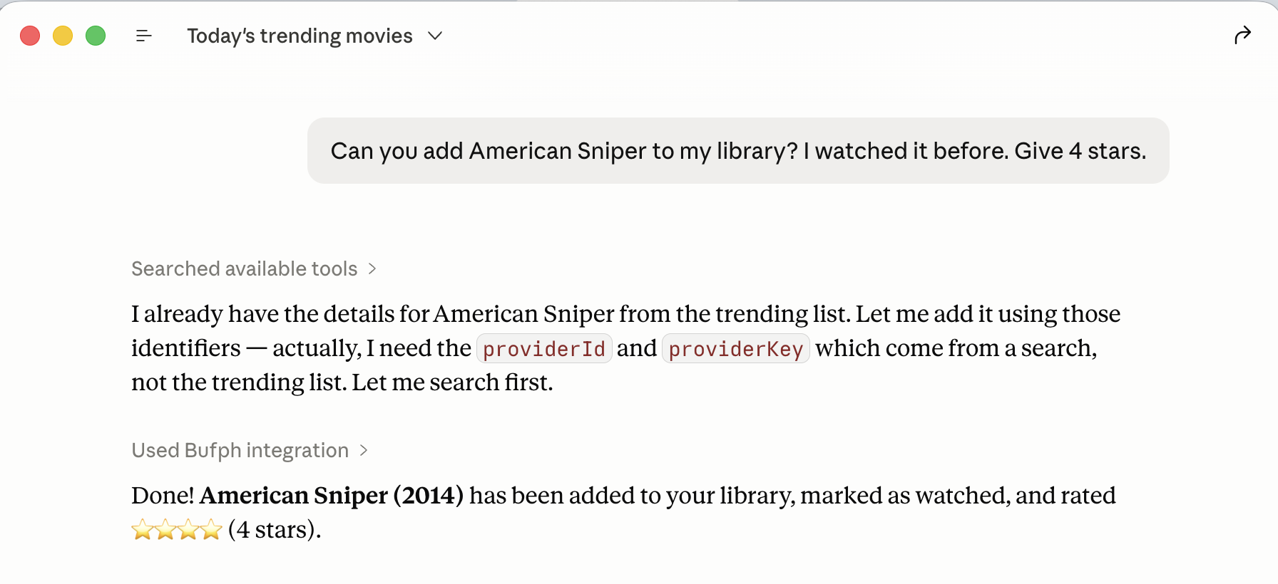 Bufph - Claude connector: Add a movie and rate it