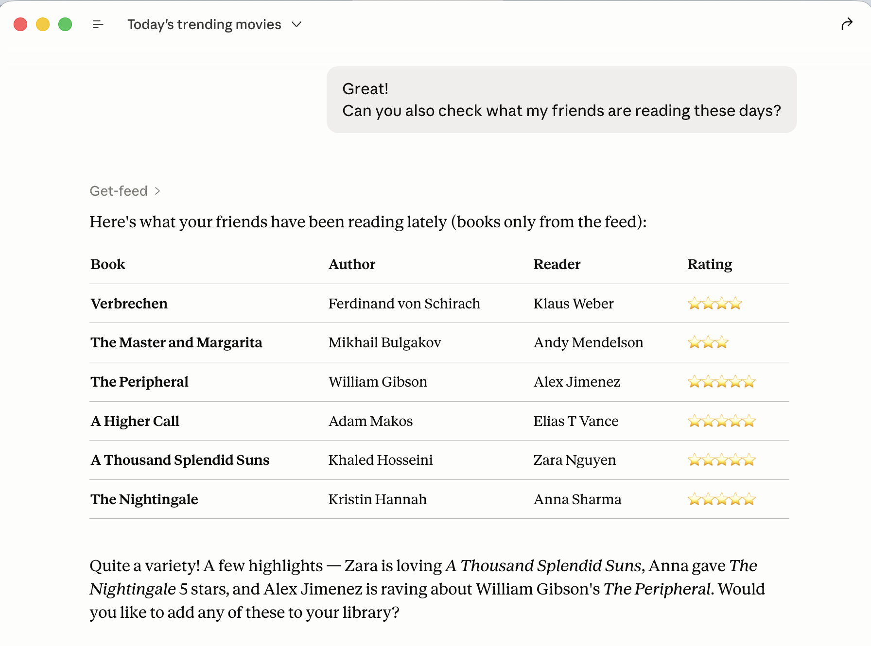 Bufph - Claude connector: Ask what your friends are reading these days.
